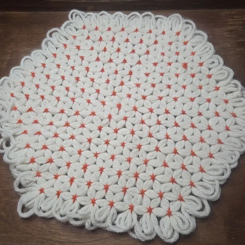Loom yarn Hot Pad, Trivet - Orange White hexagon 12 Inches Cottagecore Retro